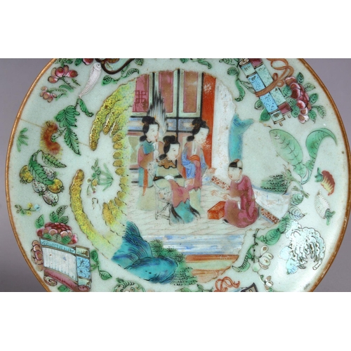 82 - 4 X 19TH CENTURY CHINESE CELADON FAMILLE ROSE PORCELAIN PLATES, one larger decorated with birds and ... 