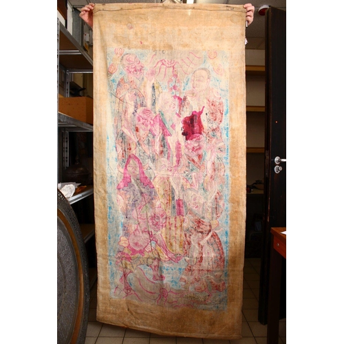 84 - A LARGE CHINESE PAINTED TEXTILE THANGKA, painted with scenes of dragons & Immortal figures, the vers... 