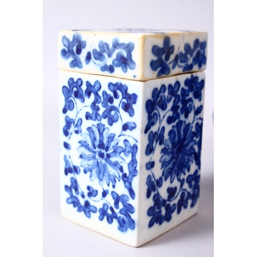 97 - A PAIR OF CHINESE BLUE AND WHITE SQUARE FORM PORCELAIN CANISTERS AND COVERS, each box decorated with... 