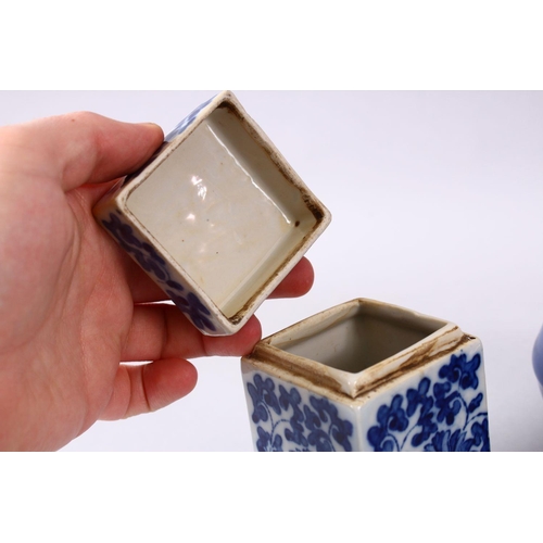 97 - A PAIR OF CHINESE BLUE AND WHITE SQUARE FORM PORCELAIN CANISTERS AND COVERS, each box decorated with... 