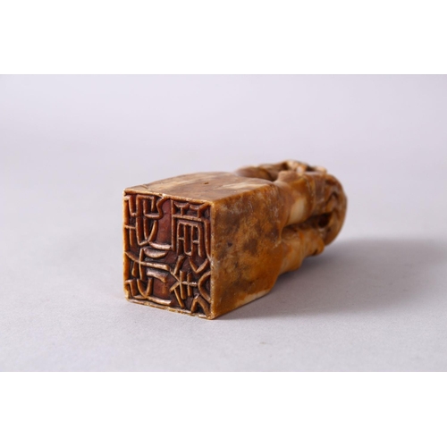 99 - A CHINESE CARVED SOAPSTONE SEAL OF BIRDS, the seal carved with bamboo and birds, the side with calli... 