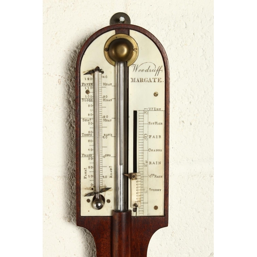 1266 - A GOOD STICK BAROMETER by WOODRUFF, MARGATE, with two ivory dials. 36ins long.