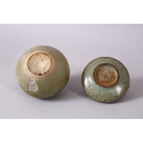 164A - TWO EARLY POSSIBLY 12TH CENTURY CHINESE CELADON CRACKLE GLAZED BRUSH WASHERS, both with a celadon gr... 