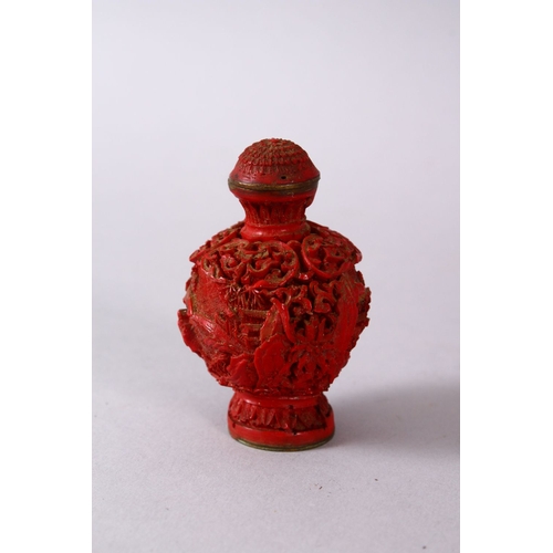 164B - A 19TH / 20TH CENTURY CHINESE CINNABAR LACQUER SNUFF BOTTLE, The body carved depicting figures in na... 