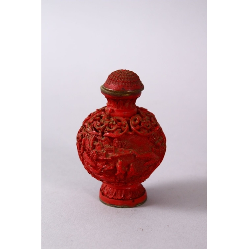 164B - A 19TH / 20TH CENTURY CHINESE CINNABAR LACQUER SNUFF BOTTLE, The body carved depicting figures in na... 