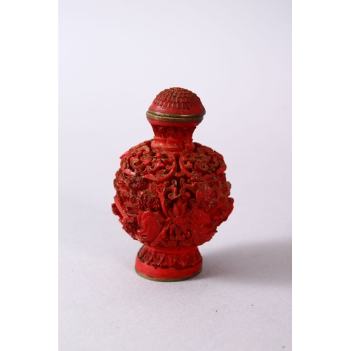 164B - A 19TH / 20TH CENTURY CHINESE CINNABAR LACQUER SNUFF BOTTLE, The body carved depicting figures in na... 