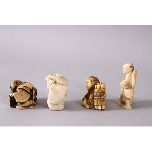 164F - A JAPANESE MEIJI PERIOD CARVED IVORY NETSUKE & THREE OTHERS, of a seated lady holding straw and a sh... 