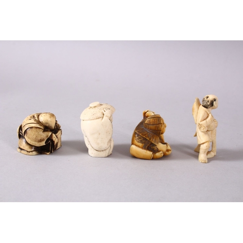 164F - A JAPANESE MEIJI PERIOD CARVED IVORY NETSUKE & THREE OTHERS, of a seated lady holding straw and a sh... 