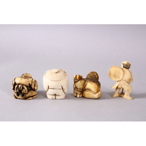 164F - A JAPANESE MEIJI PERIOD CARVED IVORY NETSUKE & THREE OTHERS, of a seated lady holding straw and a sh... 