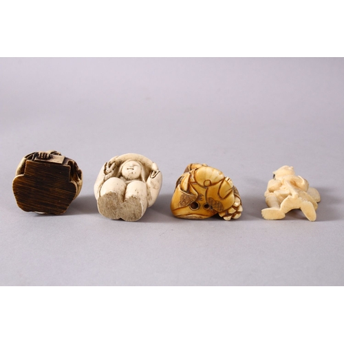 164F - A JAPANESE MEIJI PERIOD CARVED IVORY NETSUKE & THREE OTHERS, of a seated lady holding straw and a sh... 