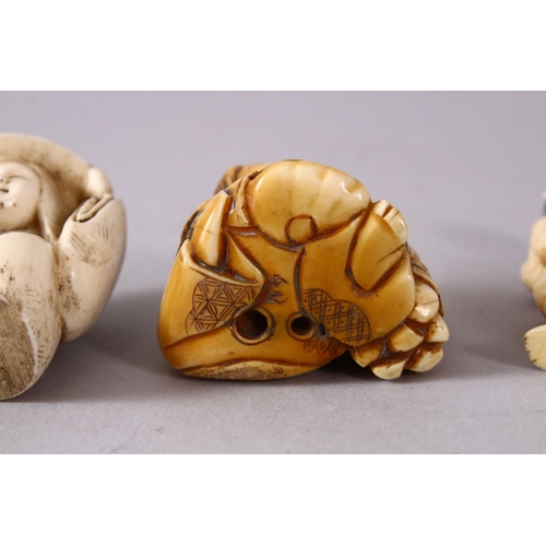 164F - A JAPANESE MEIJI PERIOD CARVED IVORY NETSUKE & THREE OTHERS, of a seated lady holding straw and a sh... 