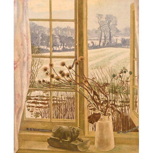 55 - After John Nash (1893-1977) British, A still life of flowers in a vase with a cow ornament on a wind... 