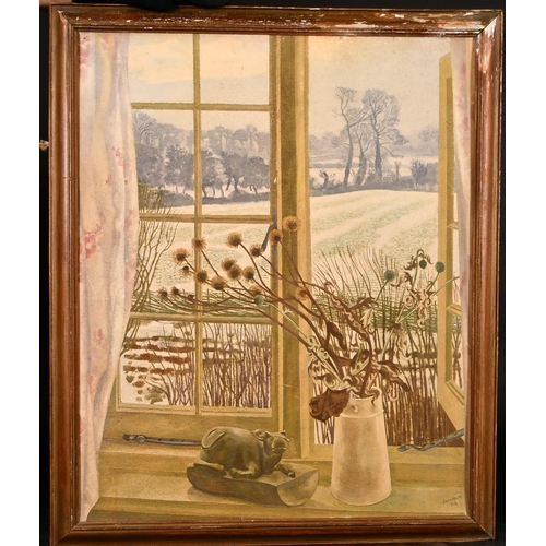 55 - After John Nash (1893-1977) British, A still life of flowers in a vase with a cow ornament on a wind... 