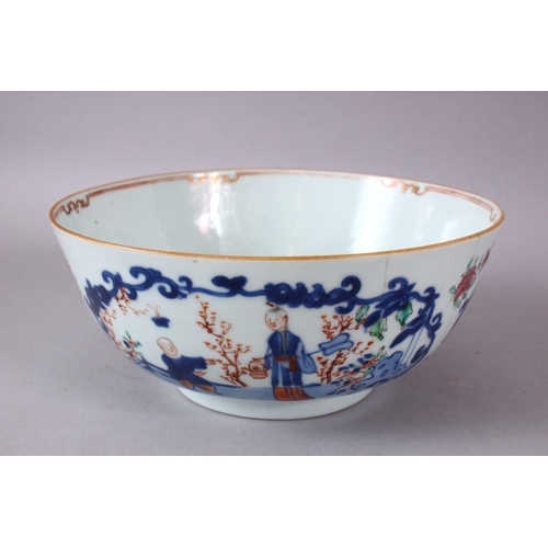103 - A 18TH CENTURY CHINESE FAMILLE ROSE PORCELAIN BOWL, painted with panels of figures and lotus, 9.5cm ... 