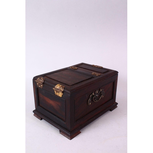 105 - A CHINESE HARDWOOD SMALL DRESSING TABLE BOX, with folding mirror and three small drawers, 17cm deep,... 