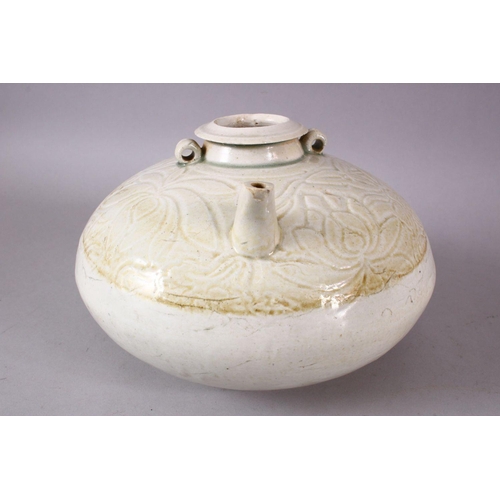 114 - AN EARLY CHINESE POTTERY EWER OF FLATTEN CIRCULAR FORM, upper body incised with lotus flower decorat... 