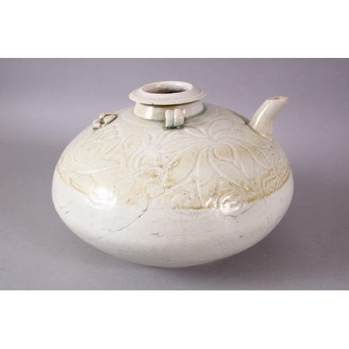 114 - AN EARLY CHINESE POTTERY EWER OF FLATTEN CIRCULAR FORM, upper body incised with lotus flower decorat... 