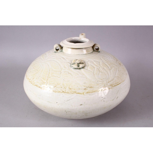 114 - AN EARLY CHINESE POTTERY EWER OF FLATTEN CIRCULAR FORM, upper body incised with lotus flower decorat... 