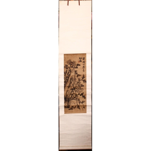 61 - A EARLY 20TH CENTURY SCROLL PAINTING, depicting a flowering tree, signed and with red seal mark, ima... 