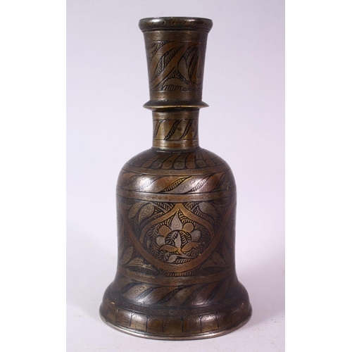 765 - AN ISLAMIC ENAMEL DECORATED BRASS HUQQA BASE, 23cm high.