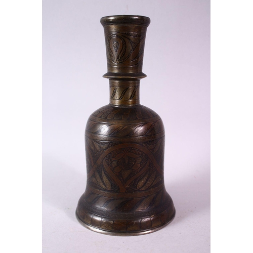 765 - AN ISLAMIC ENAMEL DECORATED BRASS HUQQA BASE, 23cm high.