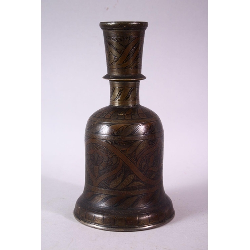 765 - AN ISLAMIC ENAMEL DECORATED BRASS HUQQA BASE, 23cm high.