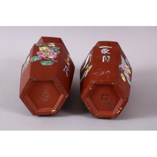 77 - A PAIR OF CHINESE ENAMEL YIXING CLAY HEXAGONAL VASES, the body with display of flora and calligraphy... 