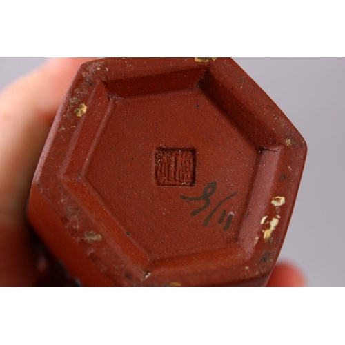 77 - A PAIR OF CHINESE ENAMEL YIXING CLAY HEXAGONAL VASES, the body with display of flora and calligraphy... 