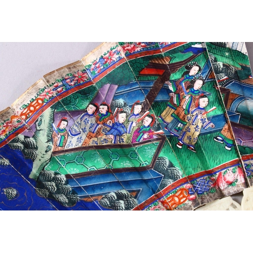 80 - A 19TH CENTURY CHINESE CARVED IVORY AND PAINTED FOLDING FAN, the ivory sections with carved figural ... 