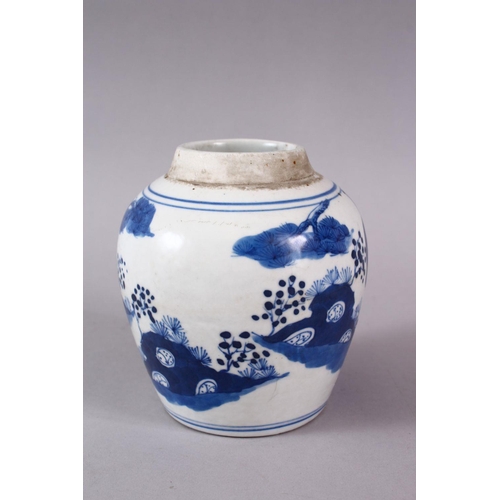 82 - A CHINESE BLUE & WHITE PORCELAIN JAR , decorated with scenes of figures on a balcony in a landscape ... 