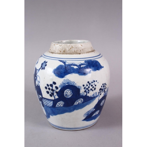 82 - A CHINESE BLUE & WHITE PORCELAIN JAR , decorated with scenes of figures on a balcony in a landscape ... 