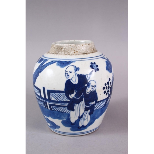 82 - A CHINESE BLUE & WHITE PORCELAIN JAR , decorated with scenes of figures on a balcony in a landscape ... 
