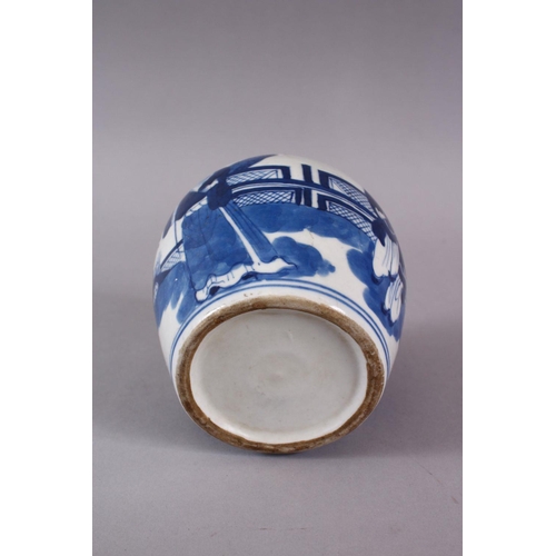 82 - A CHINESE BLUE & WHITE PORCELAIN JAR , decorated with scenes of figures on a balcony in a landscape ... 