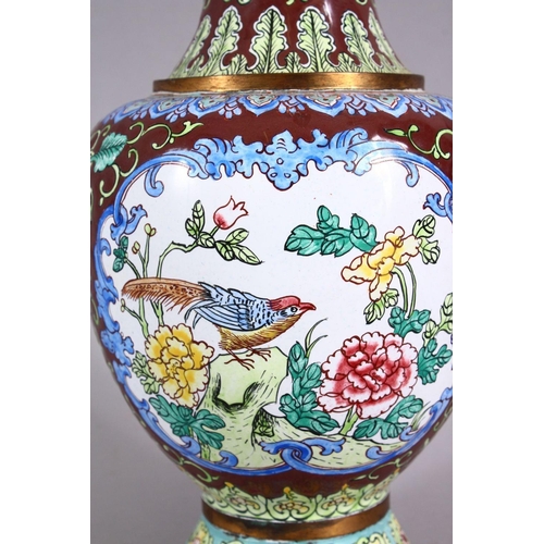 95 - A GOOD 20TH CENTURY CHINESE ENAMEL VASE - ith a cafe au lait ground and panels of birds amongst flor... 
