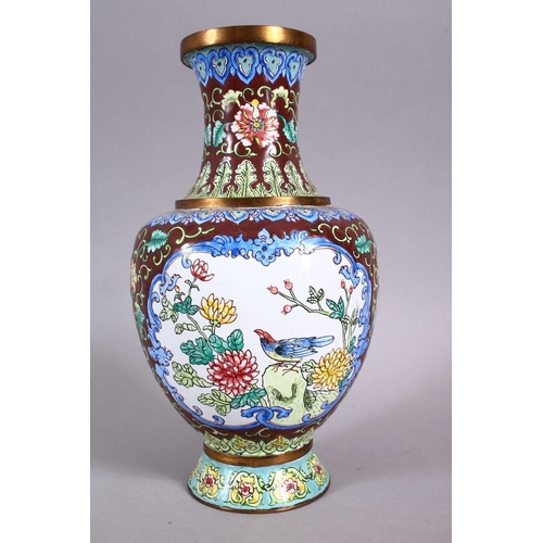 95 - A GOOD 20TH CENTURY CHINESE ENAMEL VASE - ith a cafe au lait ground and panels of birds amongst flor... 