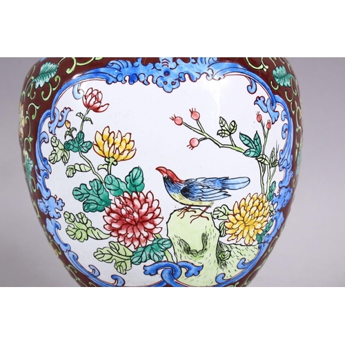 95 - A GOOD 20TH CENTURY CHINESE ENAMEL VASE - ith a cafe au lait ground and panels of birds amongst flor... 