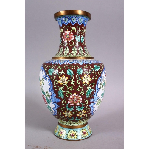 95 - A GOOD 20TH CENTURY CHINESE ENAMEL VASE - ith a cafe au lait ground and panels of birds amongst flor... 