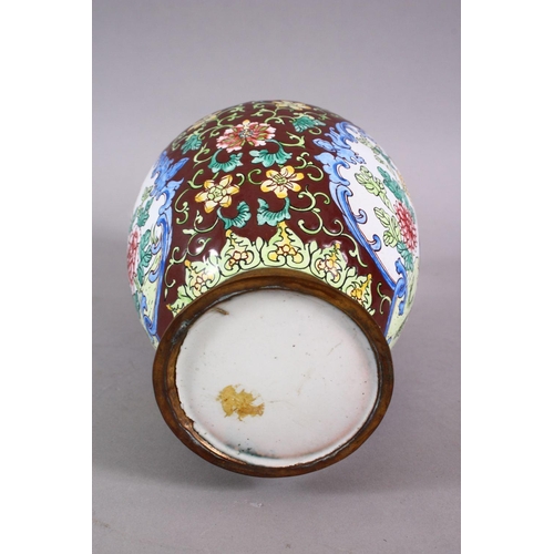 95 - A GOOD 20TH CENTURY CHINESE ENAMEL VASE - ith a cafe au lait ground and panels of birds amongst flor... 