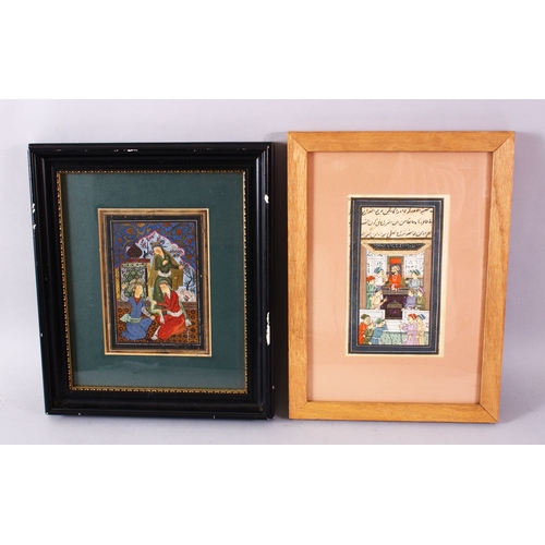 766 - TWO PERSIAN / INDIAN MINIATURE PAINTINGS, one depicting three figures interior, 33cm x 29cm, the oth... 