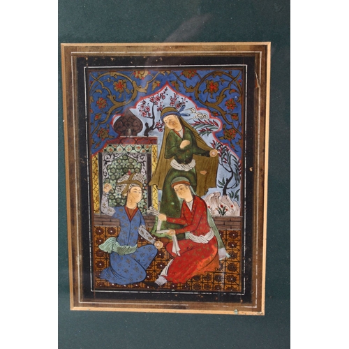 766 - TWO PERSIAN / INDIAN MINIATURE PAINTINGS, one depicting three figures interior, 33cm x 29cm, the oth... 