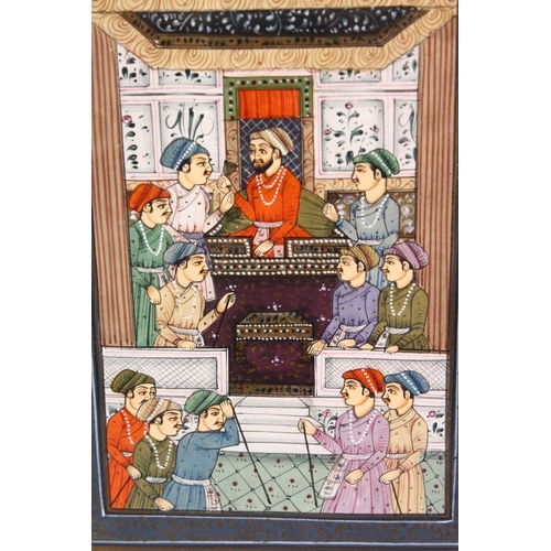 766 - TWO PERSIAN / INDIAN MINIATURE PAINTINGS, one depicting three figures interior, 33cm x 29cm, the oth... 