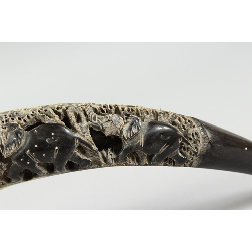 12 - A BOVINE HORN carved with elephants, 18 in. long.