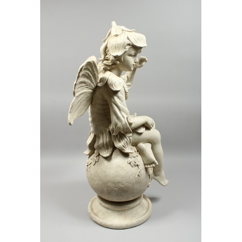 16 - A POTTERY FIGURE OF A  FAIRY on a circular base, 32 in. high.