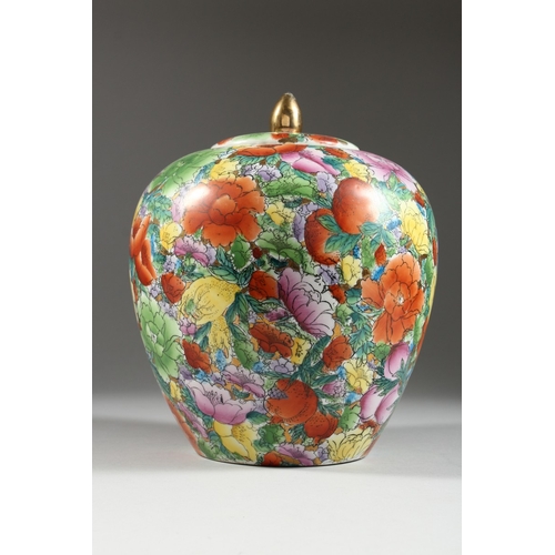 24 - A CHINESE MILLEFIORI GINGER JAR AND COVER, 8 in. high.