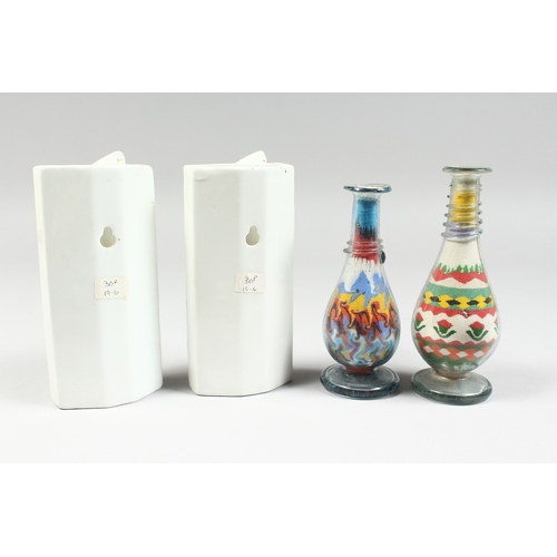 30 - A PAIR OF OVAL VASES painted with birds, 5.5 in. high and two glass sand vases,  5 in. high. (4)