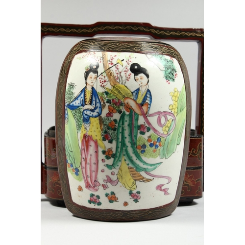 32 - A CHINESE THREE TIER BASKET painted with figures