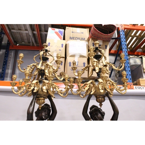 35 - A VERY GOOD PAIR OF CLASSICAL GILDED AND BRONZE STANDING CANDELABRA  standing as two classical figur... 