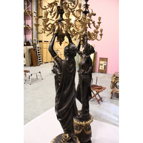 35 - A VERY GOOD PAIR OF CLASSICAL GILDED AND BRONZE STANDING CANDELABRA  standing as two classical figur... 