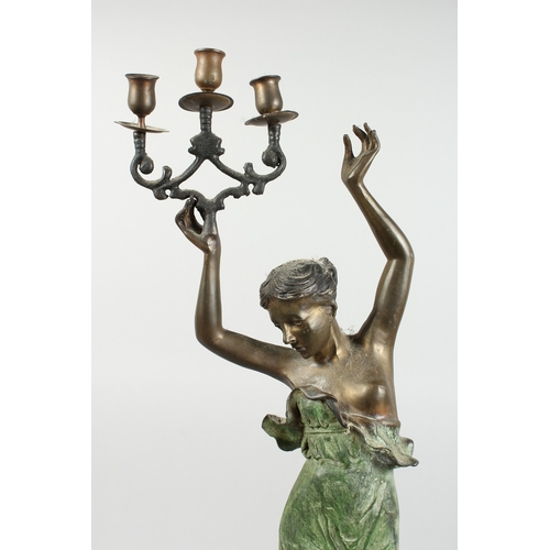 36 - A CLASSICAL BRONZE FEMALE holding three scrolling candle branches on a square base, 2 ft. 8 in. high... 