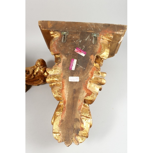 52 - A GOOD PAIR OF GILDED WALL BRACKETS with scrolling decoration, 20 in. high.